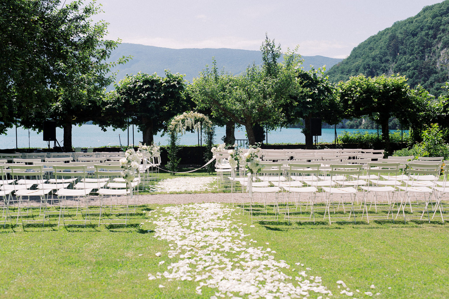 ceremony arch and views of lake